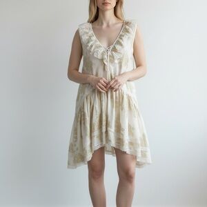 Impressions Cream and Gold High-Low Ruffle V-Neck Dress